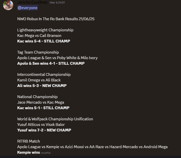 NWO || RITRB Official Results

Here is the official Results of the RITRB PPV !