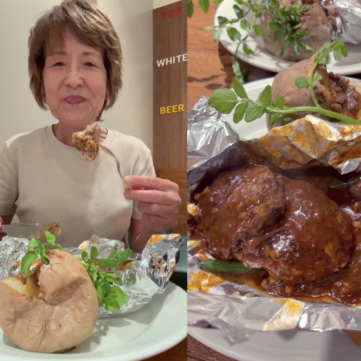 cookingwithdog's tweet photo. I visited Tsubame Kitchen Marunouchi, located inside Marunouchi OAZO, just outside the JR Tokyo Station Marunouchi North Exit gate. 👩‍🍳😍 This time, I ordered:
• Tsubame-style Hamburg Steak
• Cold Hors d’Oeuvres Platter
• Stuffed Fruit Tomato Salad

The Signature Dish: Tsubame-style Hamburg Steak
It’s served wrapped in puffed-up aluminum foil—you can’t help but exclaim, “Wow!” When you cut open the foil with a knife, a generous helping of beef stew is revealed, covering a large Hamburg steak. The appearance and aroma alone bring a smile to your face.

The side dish is a large whole potato, grilled with the skin on. It seems to be parboiled first and then grilled—fluffy on the inside and nicely roasted on the outside, making it delicious as-is. When you slice into the juicy Hamburg steak, you’ll find green beans underneath—a delightful touch! It’s a dish that’s hearty and satisfying, even for male diners with bigger appetites.

Cold Hors d’Oeuvres Platter
We shared this among three people. The assortment included pâté, sliced beef tongue, homemade ham, homemade Eisbein, two types of sauerkraut, and baguette slices—an array of house-made delicacies. Everything paired wonderfully with beer.

Stuffed Fruit Tomato Salad
A peeled whole tomato stuffed with chicken salad, topped with a vibrant, tangy orange-colored sauce that was simply exquisite! The chicken salad tucked inside the tomato makes this dish a favorite—both in flavor and presentation.

This restaurant takes pride in using fresh meat purchased whole and preparing everything in-house without preservatives or artificial seasonings. It’s a place where you can truly dine with peace of mind.

JR東京駅・丸の内北口改札を出てすぐ、丸の内オアゾ内にある「つばめキッチン 丸の内店」へ行ってきました。
今回注文したのは、
・つばめ風ハンブルグステーキ
・冷製オードブル盛り合わせ
・フルーツトマトのファルシーサラダ

看板メニューの「つばめ風ハンブルグステーキ」
ふっくらと膨らんだアルミホイルに包まれた状態で提供され、思わず「わあっ」と声が出てしまいます。ナイフでホイルを切り開くと、大きなハンブルグステーキの上にビーフシチューがたっぷり！その見た目と香りに思わず口元が緩みます。
付け合わせは、皮付きのまま丸ごとグリルされた大きなじゃがいもが1個。下茹でされたあとグリルされているようで、中はホクホク、皮は香ばしく、そのまま丸ごと美味しくいただけます。ジューシーなハンブルグを切り開くと、その下にはインゲン豆が敷かれていて嬉しいポイント！男性客でも満足できる一皿です。

冷製オードブル盛り合わせ
3人でシェアしました。内容は、パテ、牛タンスライス、自家製ハム、自家製アイスバイン、2種のザワークラウト、バゲットスライスなど手作りのオードブルが盛りだくさん。どれもビールによく合います。

フルーツトマトのファルシーサラダ
湯むきした丸ごとのトマトの中にチキンサラダを詰めたもので、上にかかっている酸味の効いたオレンジ色のソースが絶品！
そしてトマトの中にはチキンサラダが詰め込まれ、味も見た目もお気に入りの一品です。

こちらのお店のこだわりは、「一頭買いした肉の鮮度にこだわり、保存料、化学調味料は使わず自社キッチンで手作り」とあります。安心して楽しめるお店です。