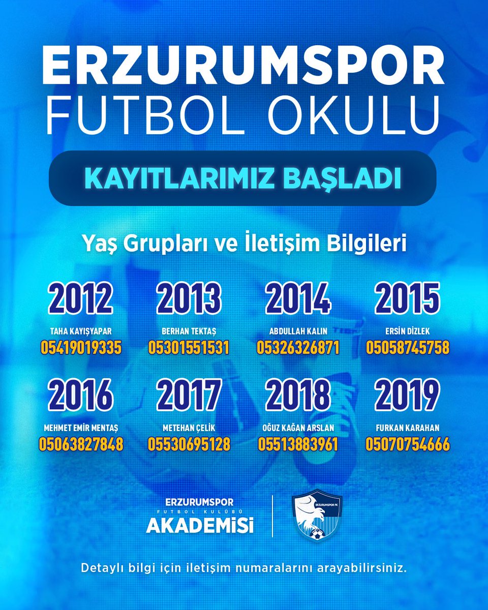 Erzurumspor Futbol Okulu kayıtlarımız devam ediyor. 👇