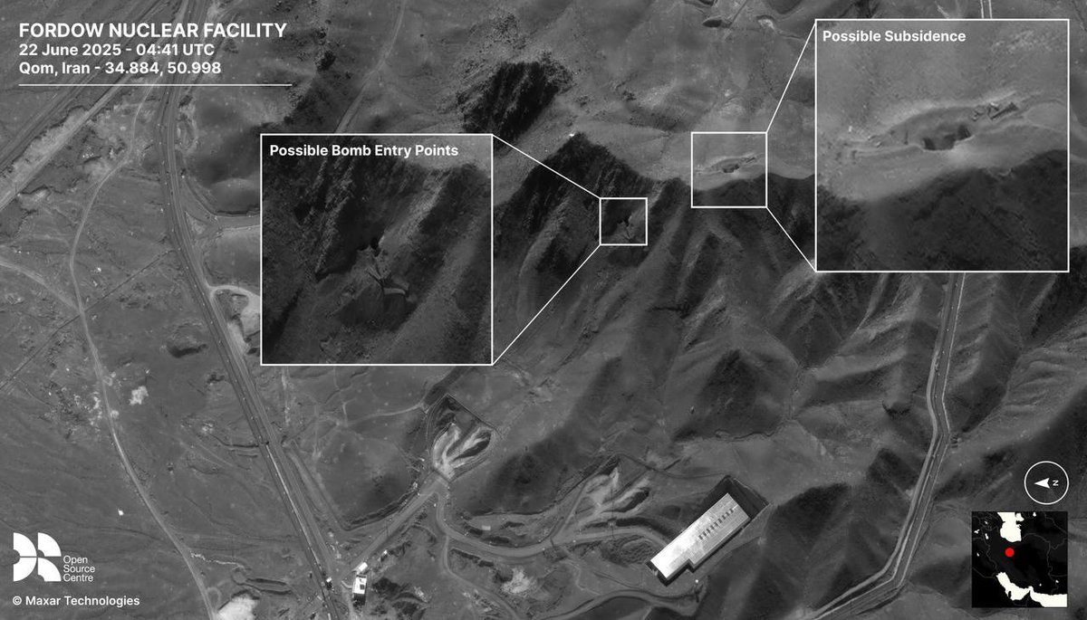 Three large holes in the mountain protecting 🇮🇷's Fordow enrichment plant

➡️ The CLAIMED 12 GBU-57 hence did not hit the same spot, reducing the chance of serious damage to the facility 

➡️ Iran now faces a clear non-zero risk of 🇮🇱 guiding a ☢️-tipped Golden Horizon