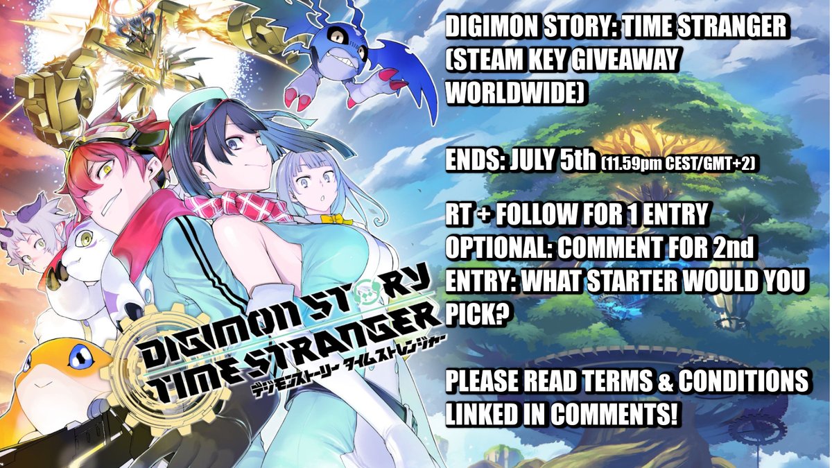 ヨッシ🐦U M R - Play Digimon & Xenoblade (@yoshi_umr) on Twitter photo 🦖🥚DIGIMON STORY TIME STRANGER GIVEAWAY! (PC - Worldwide)
1 winner receives a Steam Key as a gift for the game's release on Oct 3rd 2025.
To Enter:
RT + follow <a href="/yoshi_UMR/">ヨッシ🐦U M R - Play Digimon & Xenoblade</a>
Optional (for 2nd entry): Comment the starter you'd pick
Please read T&C in comments!
📅Ends July 5th 🦖🥚DIGIMON STORY TIME STRANGER GIVEAWAY! (PC - Worldwide)
1 winner receives a Steam Key as a gift for the game's release on Oct 3rd 2025.
To Enter:
RT + follow <a href="/yoshi_UMR/">ヨッシ🐦U M R - Play Digimon & Xenoblade</a>
Optional (for 2nd entry): Comment the starter you'd pick
Please read T&C in comments!
📅Ends July 5th