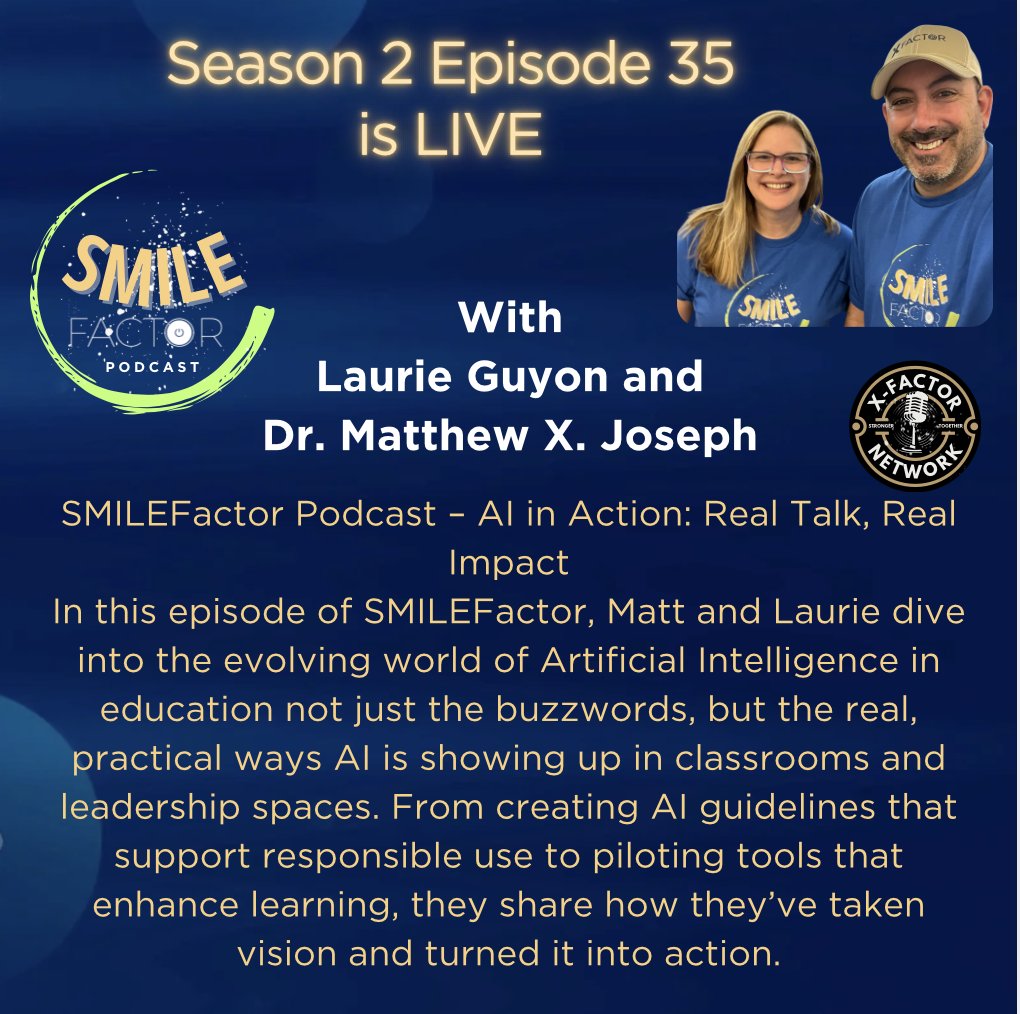 Dr. Matthew X. Joseph (@matthewxjoseph) on Twitter photo Catch part 1 of the #SMILEFactor two part series on #AI in action episode if live and
<a href="/SMILELearning/">Laurie Guyon 🐘</a> and I share real, practical ways AI is showing up in classrooms. Part 2 drops tomorrow when <a href="/mrhooker/">Carl Hooker</a> joins
Listen: creators.spotify.com/pod/show/xfact… Catch part 1 of the #SMILEFactor two part series on #AI in action episode if live and
<a href="/SMILELearning/">Laurie Guyon 🐘</a> and I share real, practical ways AI is showing up in classrooms. Part 2 drops tomorrow when <a href="/mrhooker/">Carl Hooker</a> joins
Listen: creators.spotify.com/pod/show/xfact…