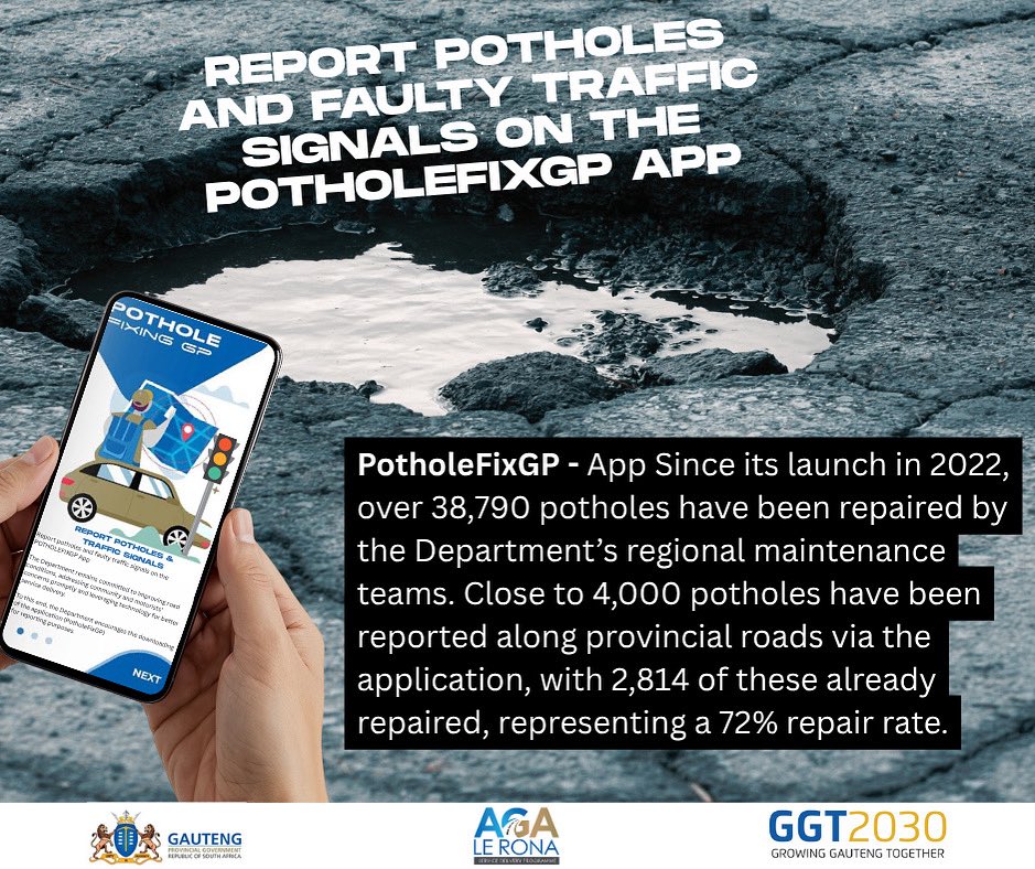 GPDRT_'s tweet photo. #POTHOLEFIXGP Since its launch in 2022,over 38,790 potholes have been repaired by Departmentโs regional maintenance teams.
Close to 4,000 potholes have been reported along provincial roads via the application,with 2,814 of these already repaired, representing a 72% repair rate https://t.co/m0BwZUahXZ