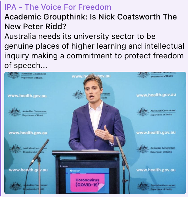 FeeRedfern's tweet photo. Can you see The Cooperators and The Defectors all working together to influence the course of action taken? #proxygate Bit of an "evidence based loop" Dilemma hey @Jikkyleaks @carl_jurassic
"2021 Academic Groupthink Is Nick Coatsworth the next Peter Ridd?"🤦♀️
"In early August, 24 clinical academics signed a joint complaint to the ANU as well as the Royal Australasian College of Physicians for commentary by Coatsworth in an opinion article in May which was critical of “activist doctors” as well as the “false idol” of the “covid-zero” strategy being pursued by Australian governments.
Like Ridd, Coatsworth should be protected by his employment contract. The ANU enterprise agreement states the university “supports and uphold the concept and practice of academic freedom in accordance with the University Code of Conduct.” The Code of Conduct in turn states it is “not intended to inhibit academic freedom.”
https://t.co/AJcOFnNHtp
https://t.co/v8MrbD7ST6