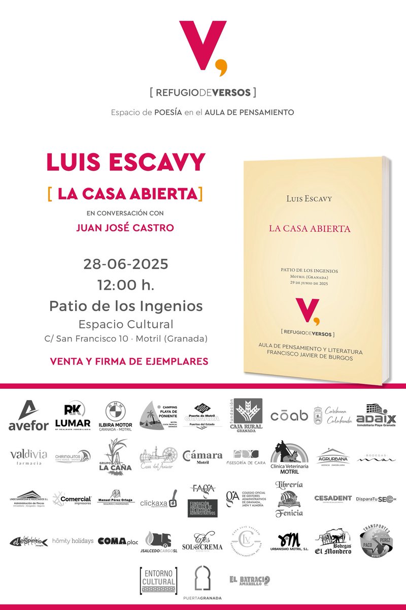 📢 Broche de oro a la temporada de Refugio de Versos con el poeta Luis Escavy.
🗓️ Sábado 28 de junio
🕛 12:00 h.
🏛️ Patio de los Ingenios
#Motril