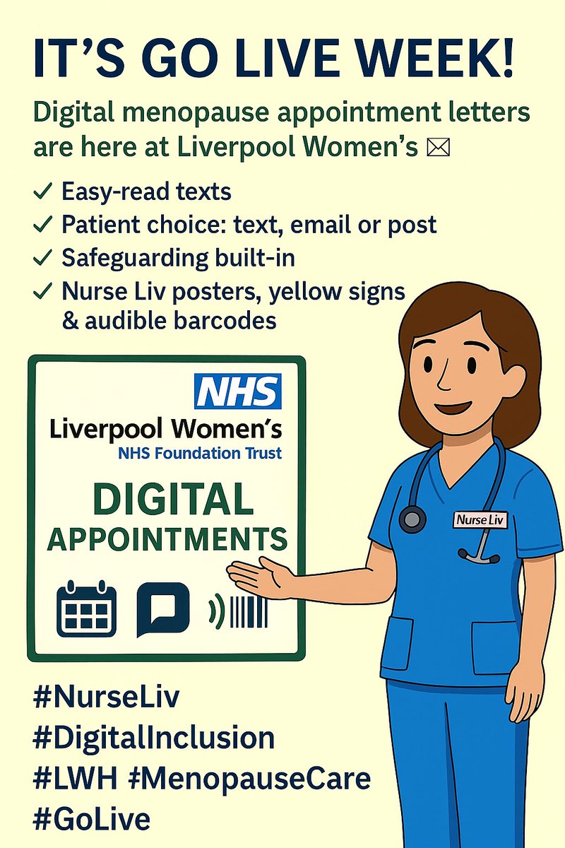 Nurse Liv (@lwhnurseliv) on Twitter photo Go Live week!
Digital menopause appointment letters at <a href="/LiverpoolWomens/">Liverpool Women's University Hospital</a> 💌
✅ Easy-read text
✅ Patient choice: text, email or post
✅ Nurse Liv posters, yellow signs & audible barcodes
Clear, inclusive, modern care
#NurseLiv #DigitalInclusion #LWH #MenopauseCare #PatientPortal Go Live week!
Digital menopause appointment letters at <a href="/LiverpoolWomens/">Liverpool Women's University Hospital</a> 💌
✅ Easy-read text
✅ Patient choice: text, email or post
✅ Nurse Liv posters, yellow signs & audible barcodes
Clear, inclusive, modern care
#NurseLiv #DigitalInclusion #LWH #MenopauseCare #PatientPortal