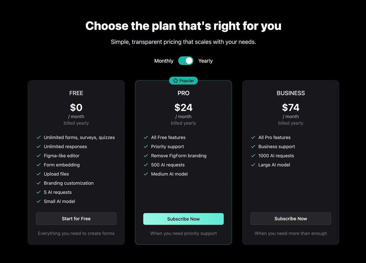 figform's tweet image. FigForm now has subscription plans!
After a few weeks in public beta, we've added optional paid tiers to support the project and unlock advanced AI and support features.
See the full breakdown here: figform.io