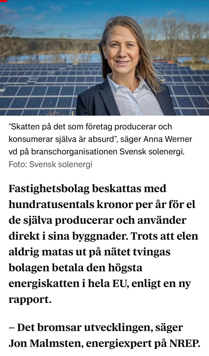 makesdotter's tweet image. Sveriges regering gör allt för att sabba den förnybara energin! Anna Werner, vd för Svensk Solenergi säger att Sverige är ensamma i Europa om detta. – Det är som att odla tomater i sin trädgård och tvingas betala skatt varje gång man äter en, säger hon.

dn.se/ekonomi/skatte…