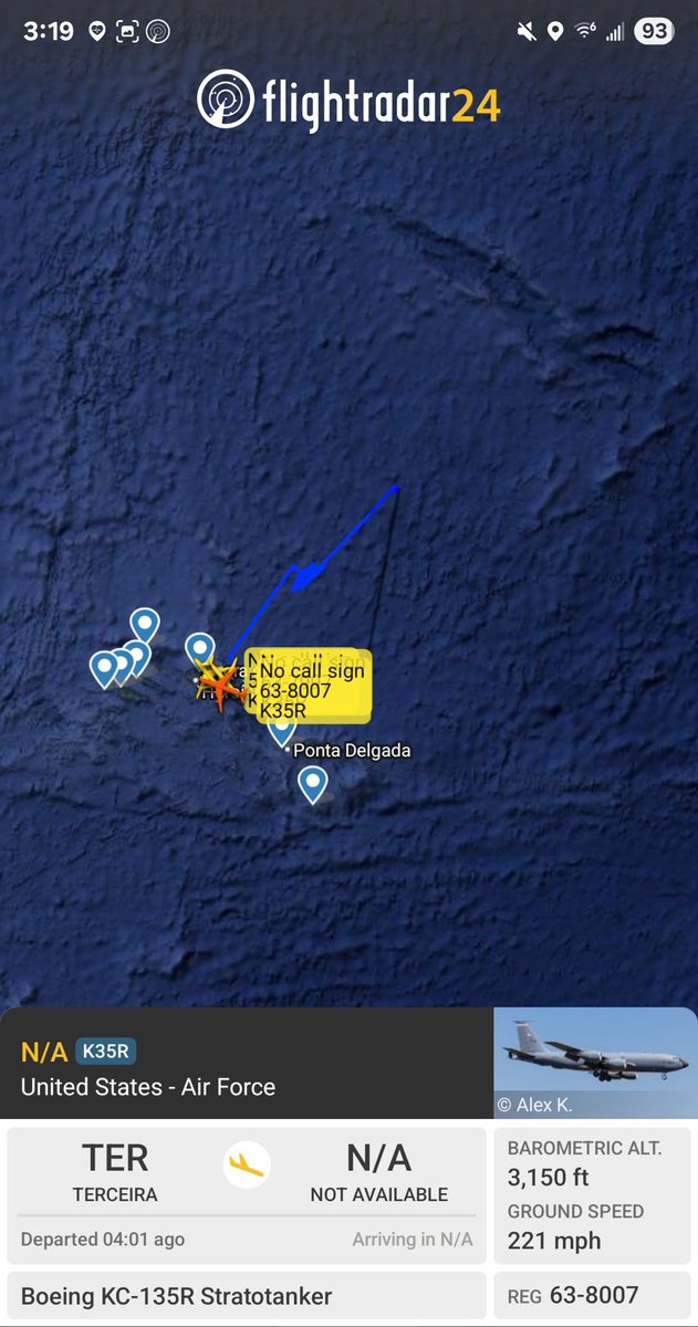 Borrowed7Time's tweet photo. USAF KC-135R x2 &amp; a KC-46A out of Terceira were up NE of the Azores refueling. Possible B-2 movement. 

21-46092 #AE63C8 RCH645

58-0094 #AE0360
63-8007 #AE0489
@sipjack1776 @Dinlas3 https://t.co/rQvZYyzd1Z