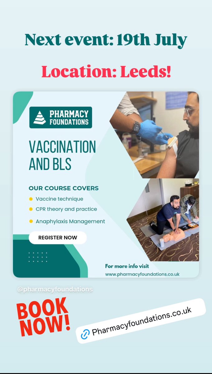 REMINDER ⏰

Vaccination &amp; Pharmacy First sessions in Leeds - Now Available to Book!

Booking Link for Vaccination &amp; BLS (9am - 12.30pm):

pharmacyfoundations.co.uk/courses/bls190…

Booking Link for Pharmacy First (1.30-5.30pm):

pharmacyfoundations.co.uk/courses/leedsp…