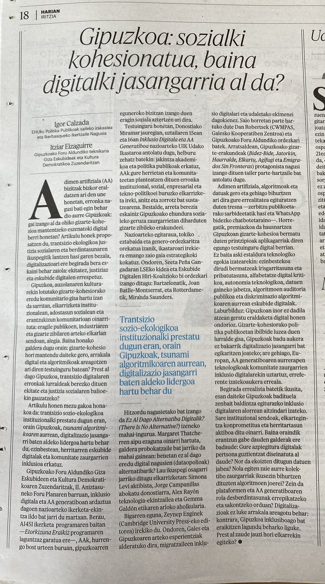 ICalzada's tweet photo. Gipuzkoa: sozialki kohesionatua, baina digitalki jasangarria al da? 🤖📱
@UIK_eus Udako Nazioarteko Ikastaroaren testuinguruan, #iritzia artikulua @berria-n:
🔗 https://t.co/8VgRShECgk https://t.co/LejeyuJX7n