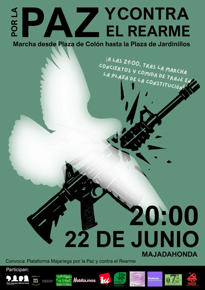 Esta tarde no os olvidéis de venir a la convocatoria de la "Plataforma por la Paz y Contra el rearme" que hemos constituido junto a muchos partidos y colectivos sociales de #Majadahonda para dejar claro que la #Paz no se negocia
