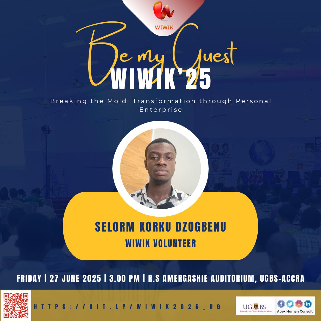 SDzogbenu's tweet photo. Hi, I’m SELORM DZOGBENU — proud to be volunteering for the 10th Edition of the WIWIK Conference by @apexhconsult this Friday, June 27! 

Be my guest, and let’s make history together 👇
🔗 https://t.co/1bEOrXRdZ1

#BreakingTheMold
#RoadToWIWIK10
#WIWIKVolunteer https://t.co/gYB5RrPZ6S