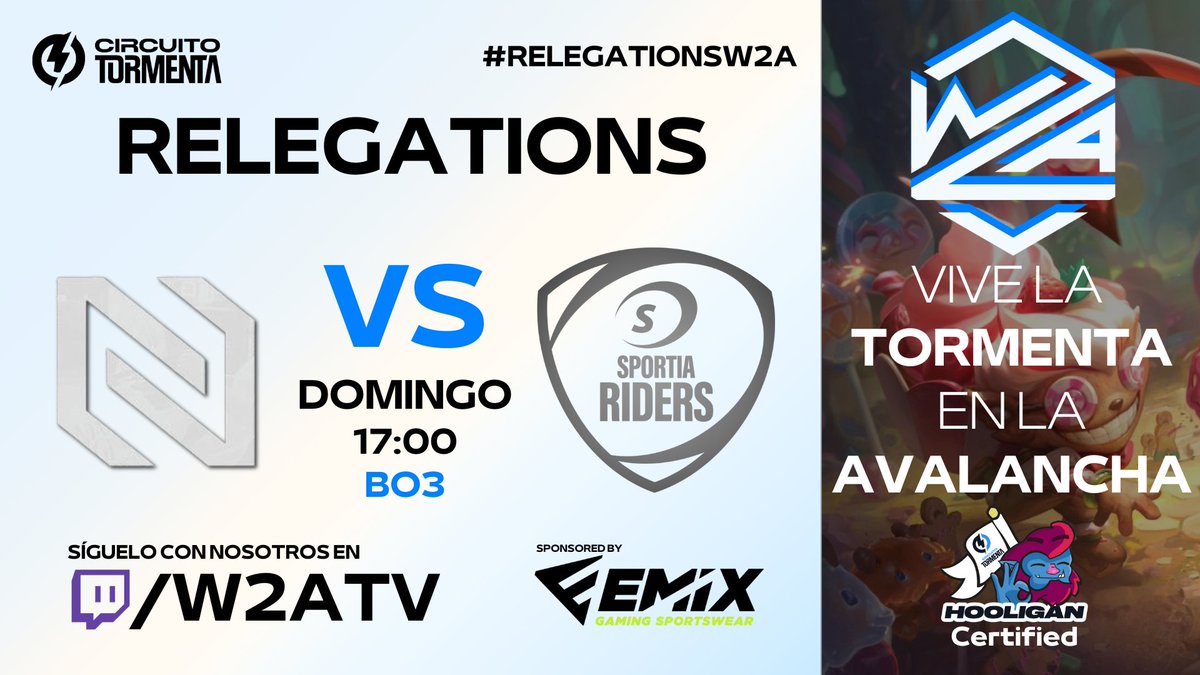 W2A TV (@w2avalanche) on Twitter photo 🔵DOMINGO DE RELEGATIONS🔵
🔥Hoy tendremos en el canal la serie al mejor de tres entre <a href="/NGU_eSports_/">NGU eSports</a> (atracadores) y <a href="/SportiaRiders/">Sportia Riders</a> (calvos)
⏰A partir de las 17:00, no vale dormir #Sieta
🎙️ <a href="/SrPukas/">Pukas</a> <a href="/Ismael_Belando/">Ismael Belando</a> <a href="/Jackalsito/">Awarded Jackalsito</a>
💻 <a href="/prodprototype/">STUDIO PROTOTYPE</a> <a href="/ethereal_tailor/">Ethereal Tailor</a>
Link abajo 🔵DOMINGO DE RELEGATIONS🔵
🔥Hoy tendremos en el canal la serie al mejor de tres entre <a href="/NGU_eSports_/">NGU eSports</a> (atracadores) y <a href="/SportiaRiders/">Sportia Riders</a> (calvos)
⏰A partir de las 17:00, no vale dormir #Sieta
🎙️ <a href="/SrPukas/">Pukas</a> <a href="/Ismael_Belando/">Ismael Belando</a> <a href="/Jackalsito/">Awarded Jackalsito</a>
💻 <a href="/prodprototype/">STUDIO PROTOTYPE</a> <a href="/ethereal_tailor/">Ethereal Tailor</a>
Link abajo