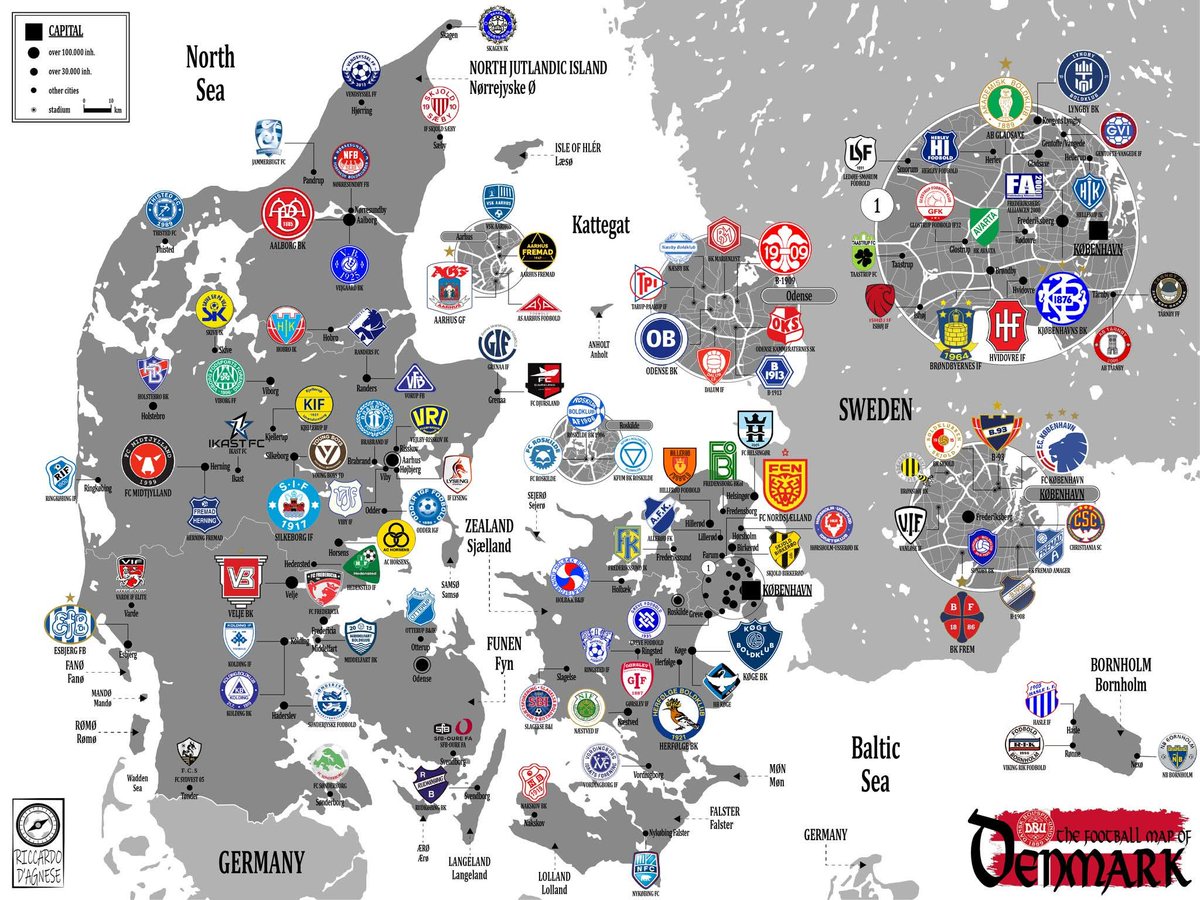 🇩🇰 Mappa della geografia calcistica della Danimarca realizzata da me 🇩🇰

Available as a poster in two formats:
⚽ 30 x 40 cm: ebay.it/itm/2866684330…
⚽ 50 x 70 cm: ebay.it/itm/2866684248…

The map shows all the clubs currently present from the Superligaen up to the fifth level