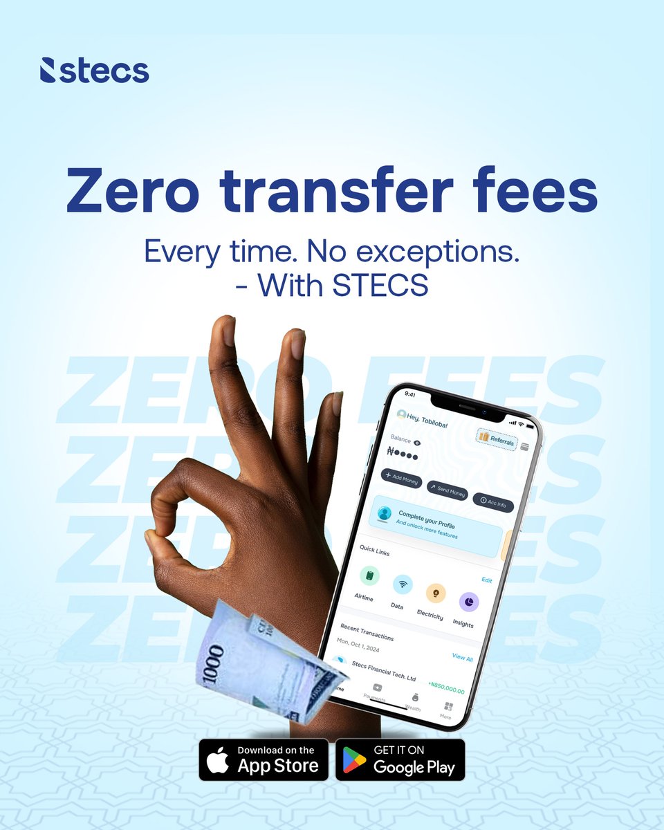 Stecsng's tweet photo. With STECS, you get unlimited transfers with ZERO CHARGES. No hidden fees, just real, transparent banking. 

Download the STECS app to enjoy free transfers among several other amazing features!🥳

#STECSApp #Halalbanking #ethicalbanking #NoTransferFees #BankingMadeBetter https://t.co/9GR08DIb9t