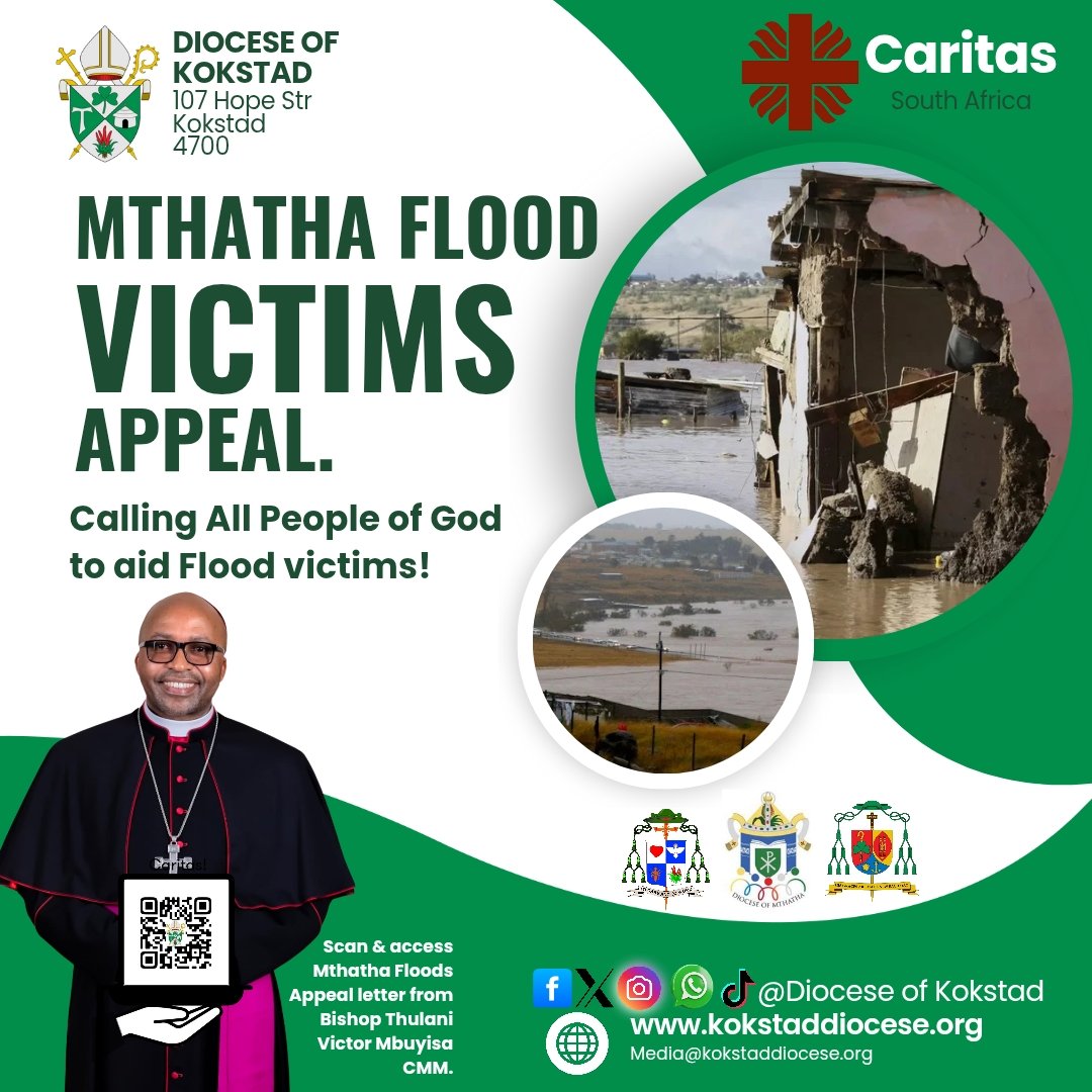 KokstadDiocese's tweet photo. [MTHATHA Floods Appeal] His Excellency Bishop Thulani Victor Mbuyisa CMM writes to appeal for your contributions to assist the victims of the devastating floods in the Mthatha area.

"Blessed is the hand that gives" (Acts 20:35). https://t.co/ayD5hBWOvT