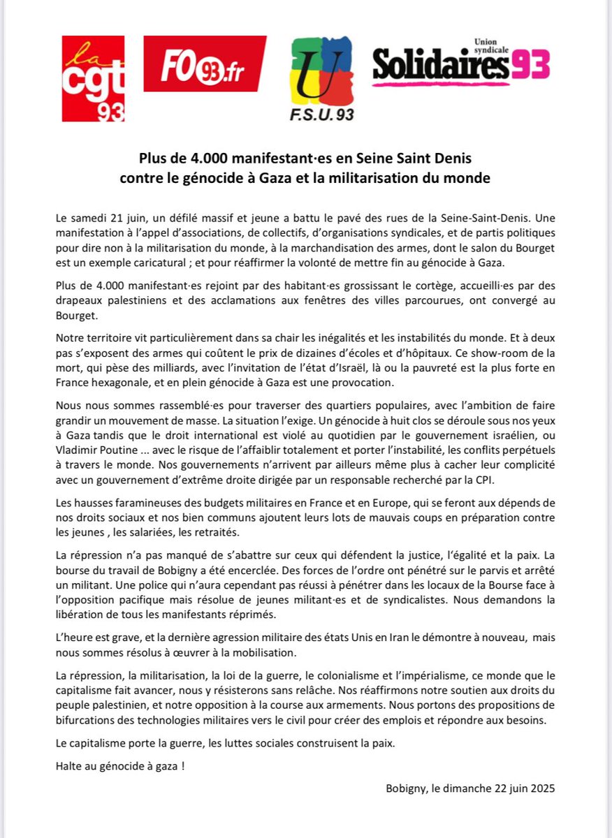 + de 4.000 manifestant·es en Seine Saint Denis
contre le génocide à Gaza et la militarisation du monde!