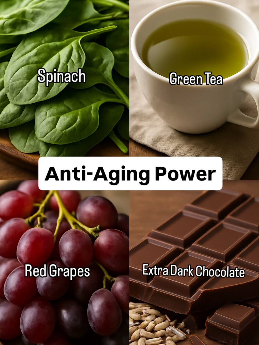 3. To slow aging, feed your mitochondria.

• Spinach (lutein + chlorophyll)
• Green tea (EGCG + antioxidants)
• Red grapes (resveratrol)
• Extra dark chocolate (polyphenols)

Aging is oxidative stress—these foods fight it daily.