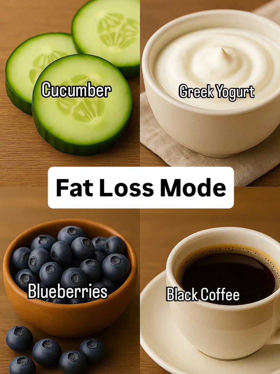 5. To support fat loss, focus on appetite control and metabolism.

• Cucumber (low-calorie volume)
• Greek yogurt (protein + probiotics)
• Blueberries (glucose control)
• Black coffee (fat oxidation booster)

Fat loss isn’t just calories—it’s hormonal leverage.