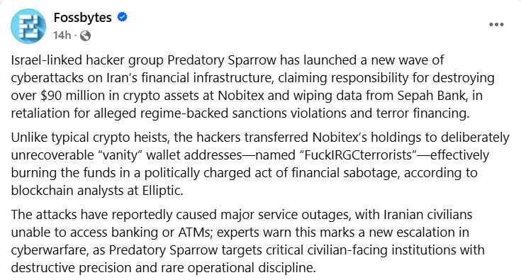 CyberpunkTTRPG's tweet photo. New Era Of War: Israel-Linked Hackers Wiped Out $90 Million In Iran's Crypto Reserves! #Hacking #CyberWarfare #CryptoCurrencey #ModernWarfare #Cyberpunk #TTRPG #RPG https://t.co/9An6pxucoL