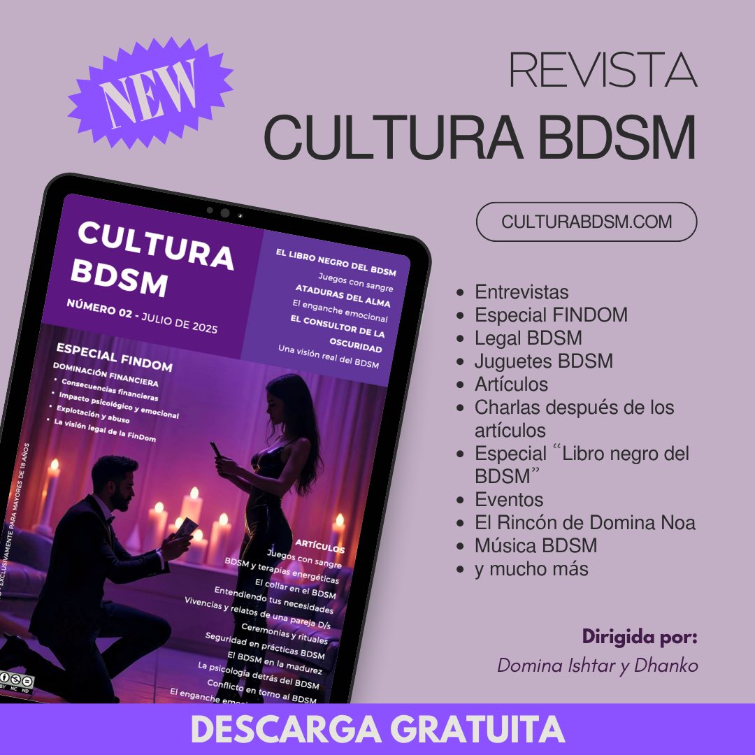 Si estás cansado de lo superficial, esto es para ti:

bit.ly/RevistaCultura…

✔ BDSM con cuerpo
✔ FinDom real
✔ Sangre que no es fetiche
✔ Relatos que estremecen
✔ Vínculos, emociones, oscuridad
150 páginas sin filtros.
Gratis y sin censura 👉
#RevistaBDSM