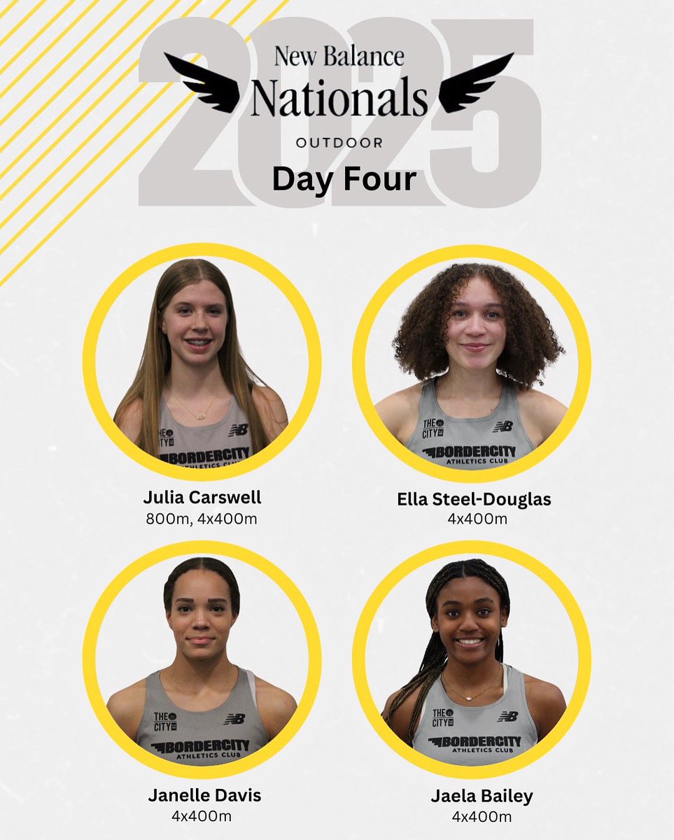 Day 4️⃣ at #NBNationals2025 🔥
Final push in Philly for our Border City girls 💛🖤

🎽 Julia – 800m + 4x400
⚡ Ella, Janelle, Jaela – 4x400

Let’s bring it home strong 💪
#BCAC #TheCityAC #NBNO2025 #TrackAndField #4x400 #CitySpeed