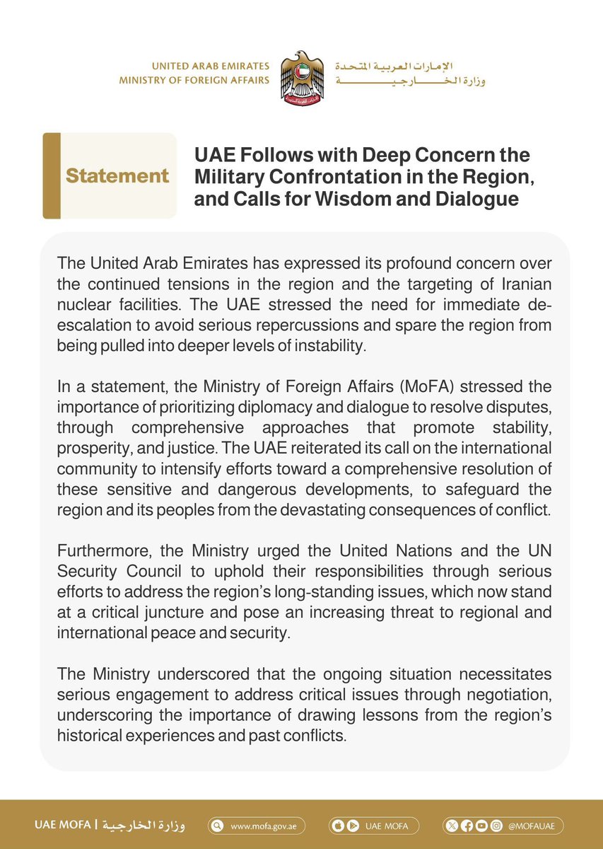 UAE Follows with Deep Concern the Military Confrontation in the Region, and Calls for Wisdom and Dialogue

mofa.gov.ae/en/mediahub/ne…