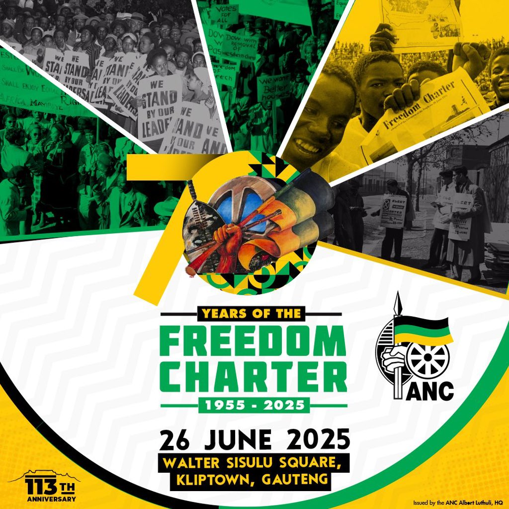 The ANC proudly marks 70 Years of the Freedom Charter , the foundation of our struggle for a united, democratic South Africa. Join us as we honour this historic milestone and recommit to the Charter’s enduring vision: The People Shall Govern!

📍 Walter Sisulu Square, Kliptown
🗓️