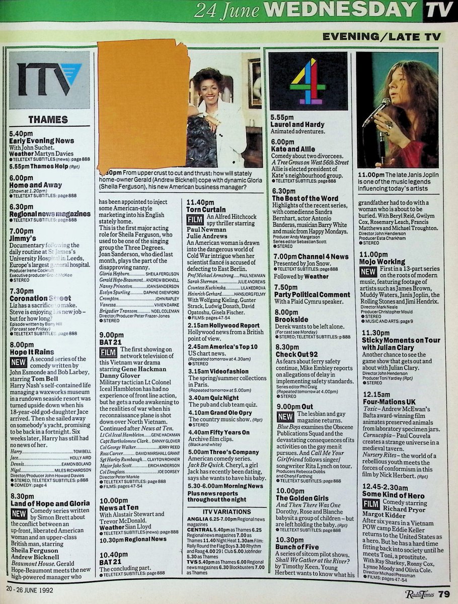 TvDidYouSee's tweet photo. #OnThisDay 24 June 1992 📺TV Listings
Lynn Redgrave talks to #BucksFizz's #MikeNolan in FIGHTING BACK.
#SheilaFerguson in Simon Brett's new comedy series LAND OF HOPE AND GLORIA.
A second series of HOPE IT RAINS.
Liz has a sacrifice to make in #CoronationStreet. https://t.co/LpbrZ510Pn
