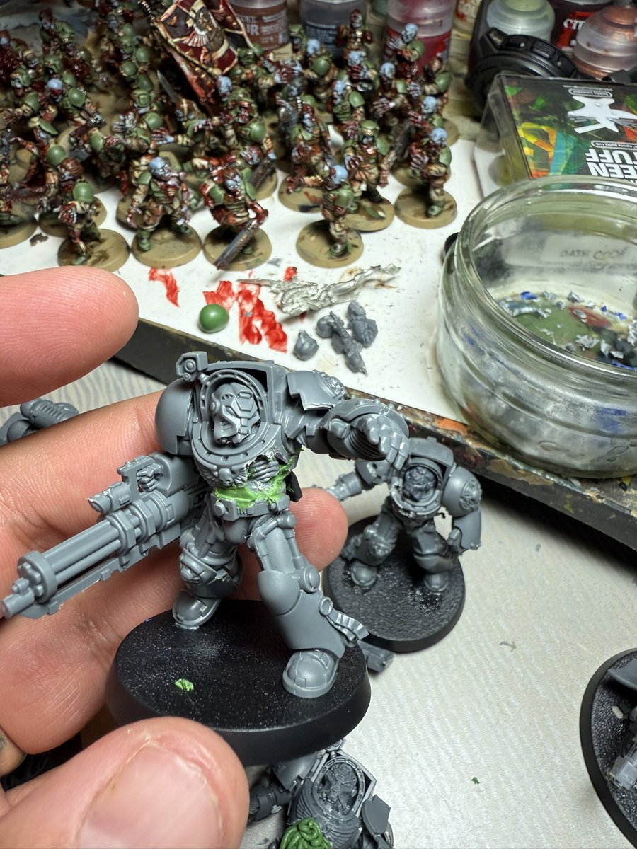 husker04's tweet photo. Another all nighter and the zombified Ultramarines are done. Never painted a Ultramarine before so this will be different. All counts as for my Deathguard army anyway #WarhammerCommunity #warcom #warhammer #warhammer40k #warhammer40000 #zombies #undead #nurgle #plaguemarines https://t.co/vTJYryTCOj