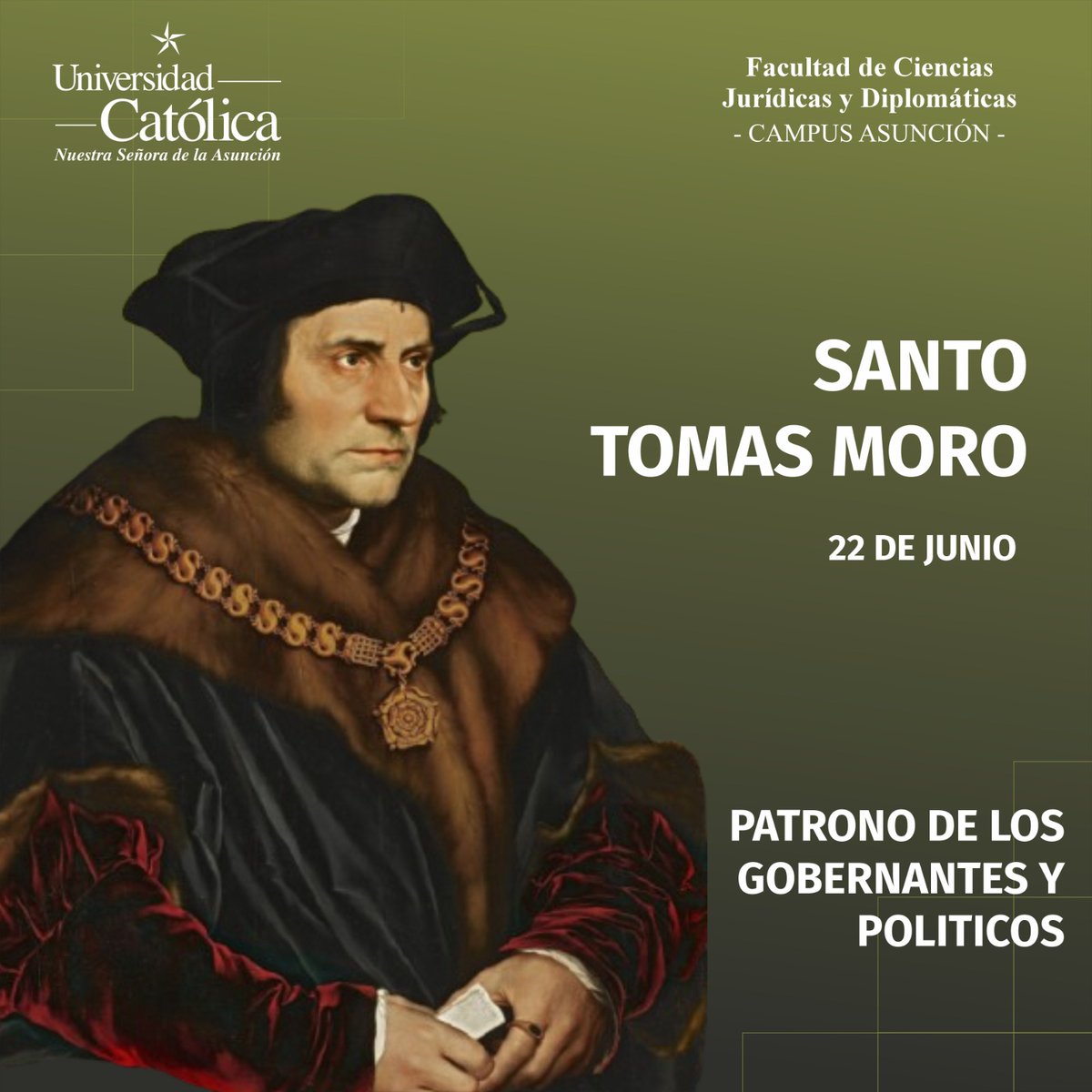 “Nada puede sucederme que Dios no quiera. Y todo lo que Él quiere, por muy malo que nos parezca, es en realidad lo mejor.”
La Iglesia Católica celebra hoy 22 de junio la memoria de San Tomas Moro, Doctor y mártir. Desde la FCJD nos unimos a ésta celebración.