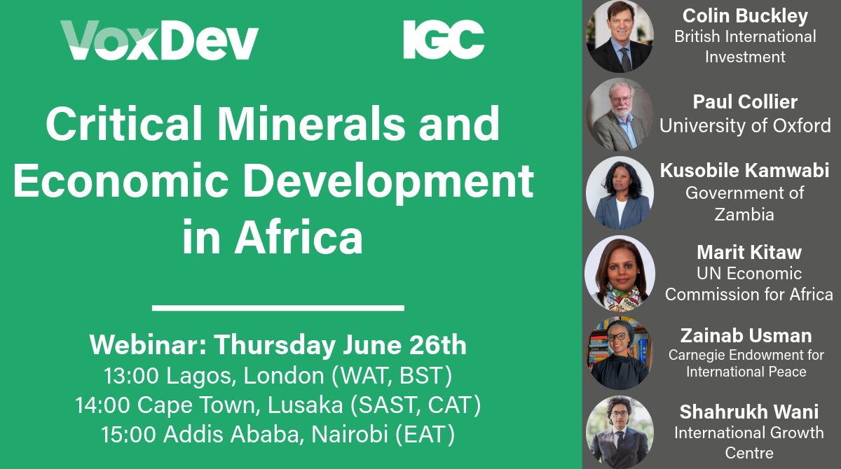 VoxDev (@vox_dev) on Twitter photo Critical Minerals & Economic Development in Africa: Webinar w/ <a href="/The_IGC/">International Growth Centre</a>
Colin Buckley <a href="/BritishIntInv/">British International Investment</a>, Paul Collier <a href="/BlavatnikSchool/">Blavatnik School of Government</a>, Kusobile Kamwambi <a href="/ZambiaPDU/">Presidential Delivery Unit Zambia</a>, <a href="/maritkitaw/">Marit Kitaw</a> <a href="/ECA_OFFICIAL/">ECA</a> & <a href="/MssZeeUsman/">Zainab Usman</a> <a href="/AfricaCarnegie/">Carnegie Africa Program</a> join <a href="/ShahrukhWani/">shahrukh wani</a>.
Register ā”ļø cepr-org.zoom.us/webinar/regist⦠Critical Minerals & Economic Development in Africa: Webinar w/ <a href="/The_IGC/">International Growth Centre</a>
Colin Buckley <a href="/BritishIntInv/">British International Investment</a>, Paul Collier <a href="/BlavatnikSchool/">Blavatnik School of Government</a>, Kusobile Kamwambi <a href="/ZambiaPDU/">Presidential Delivery Unit Zambia</a>, <a href="/maritkitaw/">Marit Kitaw</a> <a href="/ECA_OFFICIAL/">ECA</a> & <a href="/MssZeeUsman/">Zainab Usman</a> <a href="/AfricaCarnegie/">Carnegie Africa Program</a> join <a href="/ShahrukhWani/">shahrukh wani</a>.
Register ā”ļø cepr-org.zoom.us/webinar/registā¦