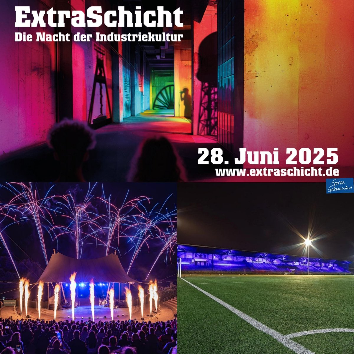 Das #Ruhrgebiet strahlt und macht die Nacht zum Tage, nächsten Samstag steht wieder die Extraschicht auf dem Programm und natürlich ist gerade auch in #Gelsenkirchen viel los. Schaut vorbei im #Nordsternpark/#Amphitheater, der Kampfbahn Glückauf und der Neuen Zeche Westerholt!