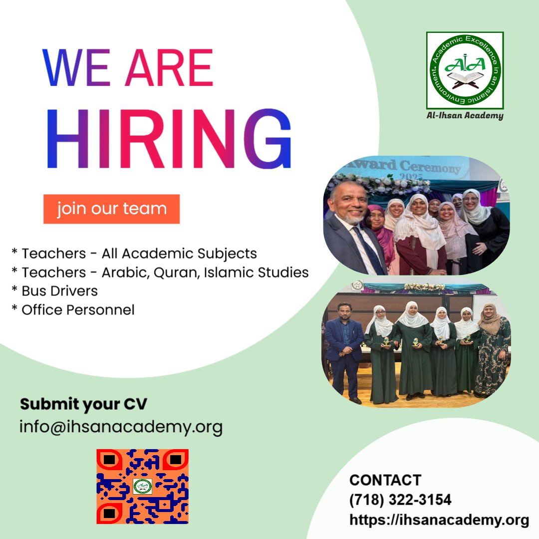 🌟 **Join Our Team at Al-Ihsan Academy!** 🌟

We’re looking for dedicated individuals to fill various roles.Together, let's shape the leaders of tomorrow. ✨

✅ **Ready to make an impact?** Submit your CV now!