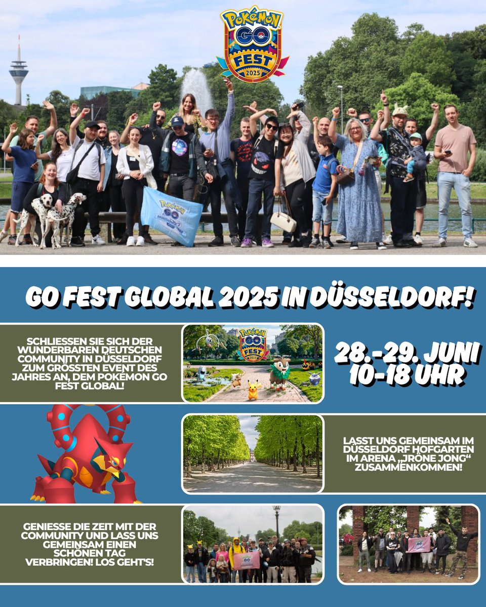 Join the wonderful Community of Düsseldorf during #PokemonGOFest2025! 🥳

📍Hofgarten, Düsseldorf 🇩🇪
⏰June 28th-29th 10am-6pm CEST
🎬Start Point: Jröne Jong ⛲️

Let’s have a nice walk, chat and catches! See you all there! 👋

#PokemonGO | #PokemonGOApp