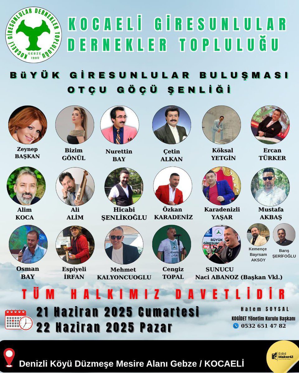 Sevgili hemşehrilerimiz 
21/22 Haziran 2025 cumartesi pazar yapacağımız 
Büyük GİRESUNLULAR buluşması (otçugöçü )Etkinliğimize tüm halkımız davetlidir 
Doya doya kültürümüzü Gelenek ve Göreneklerimizi hep beraber aile tadında yaşamak yaşatmak için hepinizi bekler saygılar sunarız