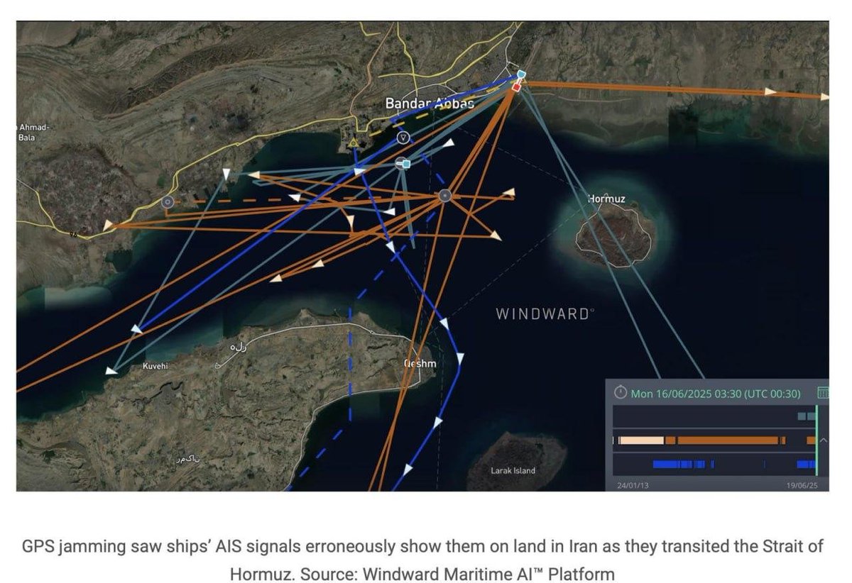 Iran’s jamming GPS in the Strait of Hormuz, messing with ~970 ships, per Windward. UKMTO confirms the interference. Faulty AIS coordinates are screwing up navigation in the Persian Gulf. The IRGC threatens to shut the strait down in hours.