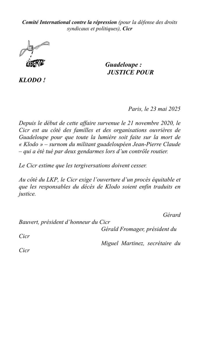 Bonjour, Jistis pou Klodo, la mobilisation continue, article de France Antilles L’hebdo hexagone et communiqué de soutien et demande d’un procès équitable du Comité International Contre la Répression (pour La Défense des droits syndicaux et politiques) CICR ! La lutte continue !