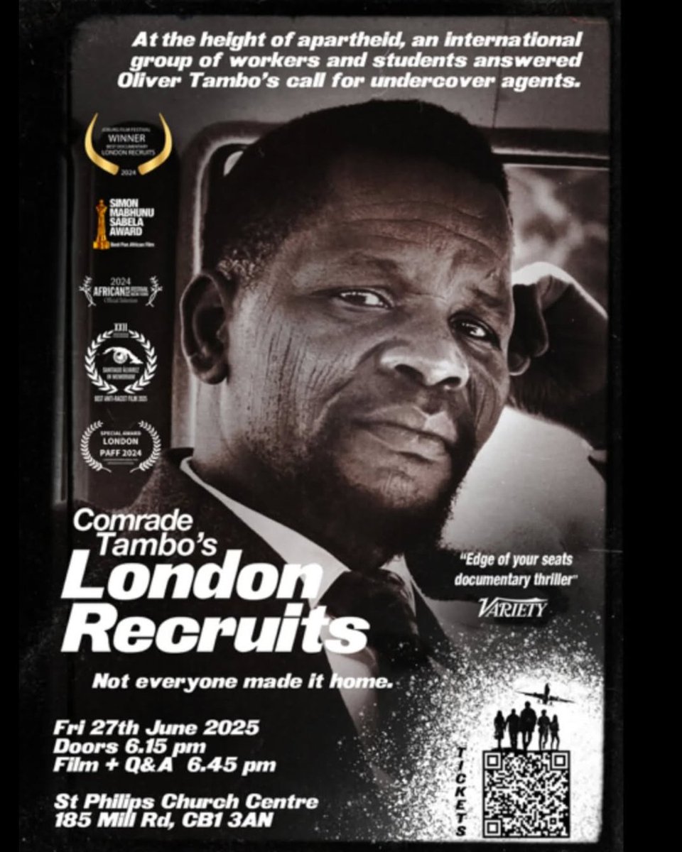 🚨 Cambridge! Don't miss this vital screening of 'Comrade Tambo's London Recruits' - the explosive documentary about young British workers who risked it all to fight apartheid
📽️ 27 June | 1845
 📍 St Philip's Church Centre
 🎟️ tinyurl.com/tamcamb
Supported by Manifesto Press