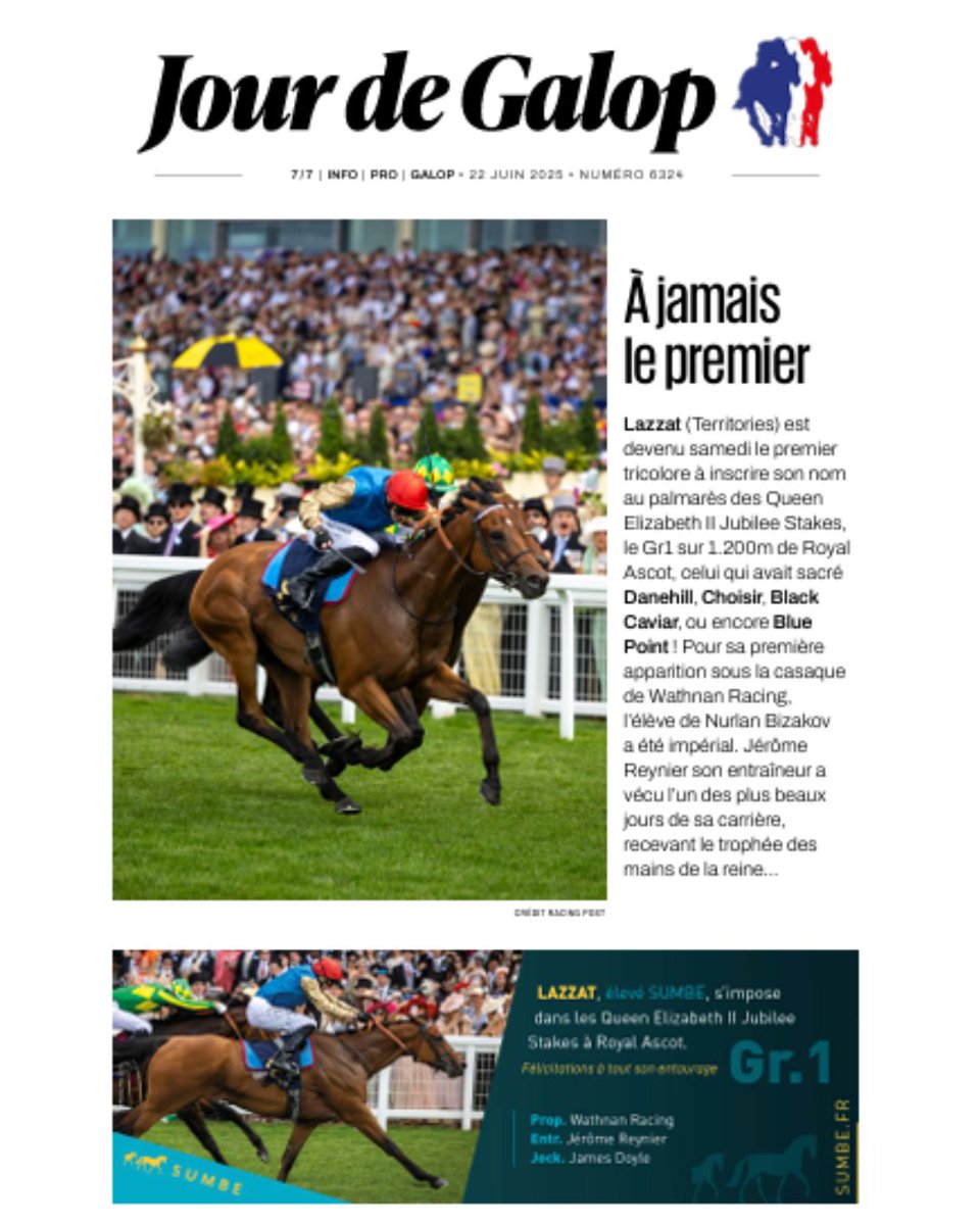 🗞️ #JDG – 22 JUIN
Lazzat entre dans l’histoire à Ascot ! 1re victoire 🇫🇷 dans la Jubilee Stakes (Gr1)
Rebel’s Romance, Noble Champion &amp; Humidity brillent
Horizon Doré retrouve la gagne
Ceramic et Paix des Dames séduisent
📲 jourdegalop.com