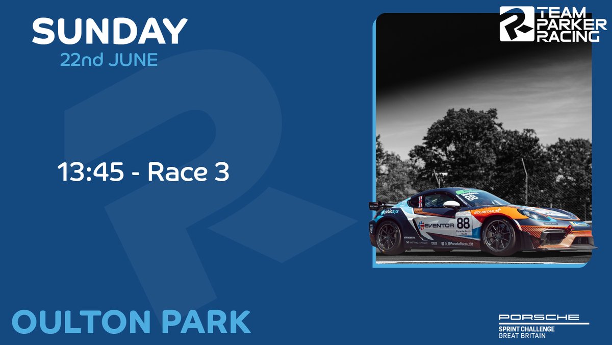 Team Parker Racing (@teamparkeracing) on Twitter photo A quieter day in Cheshire for us! Just the one Porsche Sprint Challenge GB race to come, live on ITV4 at 13:45! A quieter day in Cheshire for us! Just the one Porsche Sprint Challenge GB race to come, live on ITV4 at 13:45!