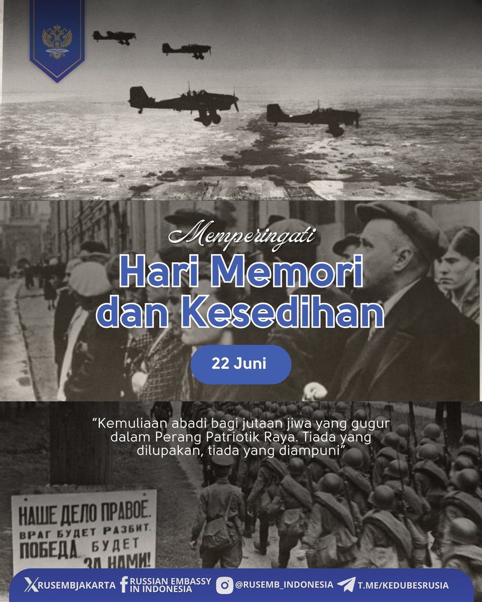 🕯️ 22 Juni 1941 adalah salah satu tanggal paling menyedihkan dalam sejarah Rusia. Pada hari inilah, 84 tahun yang lalu, di pagi hari tanpa adanya deklarasi perang, Nazi Jerman dan sekutunya menyerbu Uni Soviet. Maka dimulailah Perang Patriotik Raya, yang berlangsung selama 1418