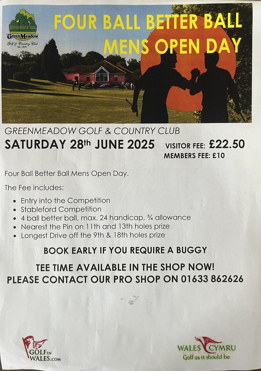 THIS SATURDAY: FOUR BALL BETTER BALL. Men’s Open Day 2025

Call the shop on (01633) 862626

Plenty of tee times available!