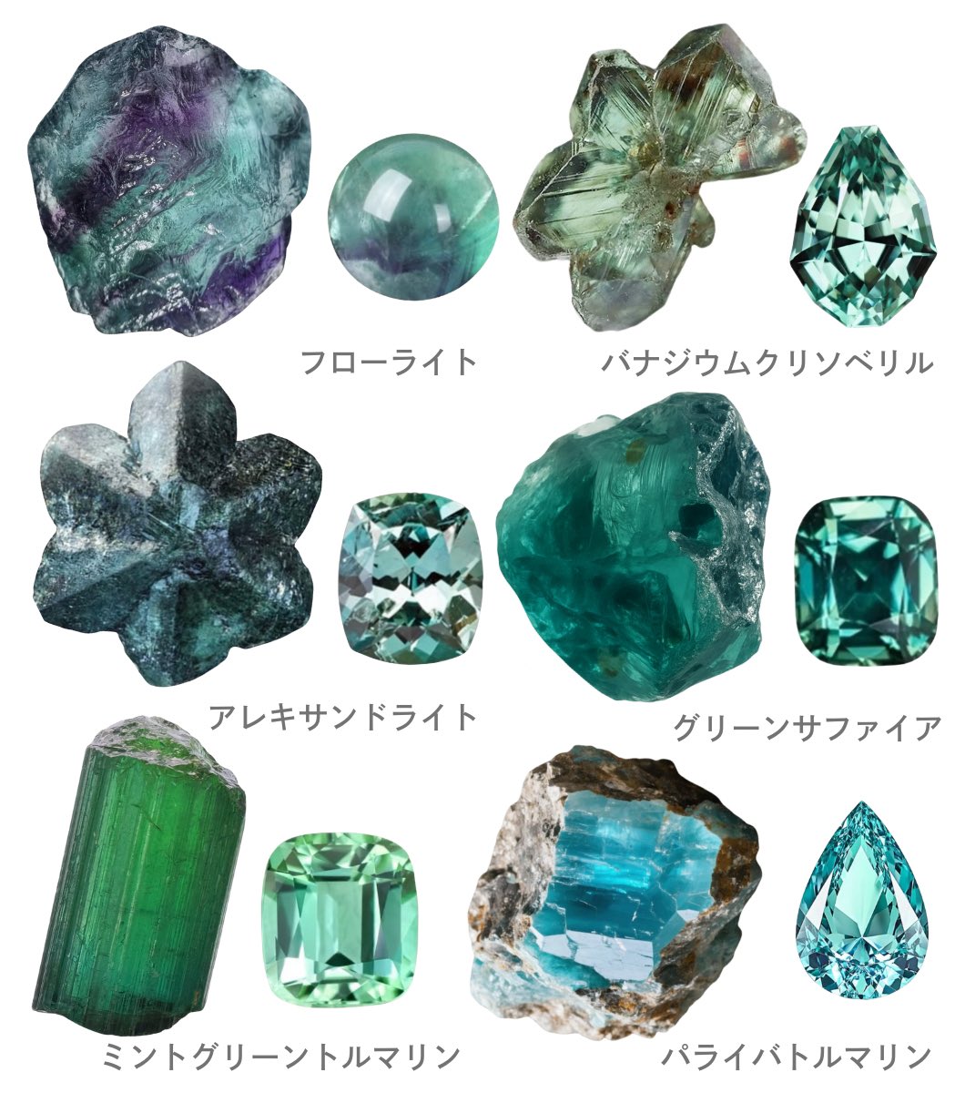 suigemstone's tweet image. ブルーグリーンから濃緑ビビッドグリーンの原石とルース。緑色ってなぜか癒される。アレキサンドライトの原石が特徴的で雪みたい❅*° ルースで好きなのはデマントイドとツァボライト。キラキラな濃い緑に惹かれる。癒しの緑パワーお疲れの方に届け~⟡.·𖤣𖥧𖥣𖡡𖥧𖤣