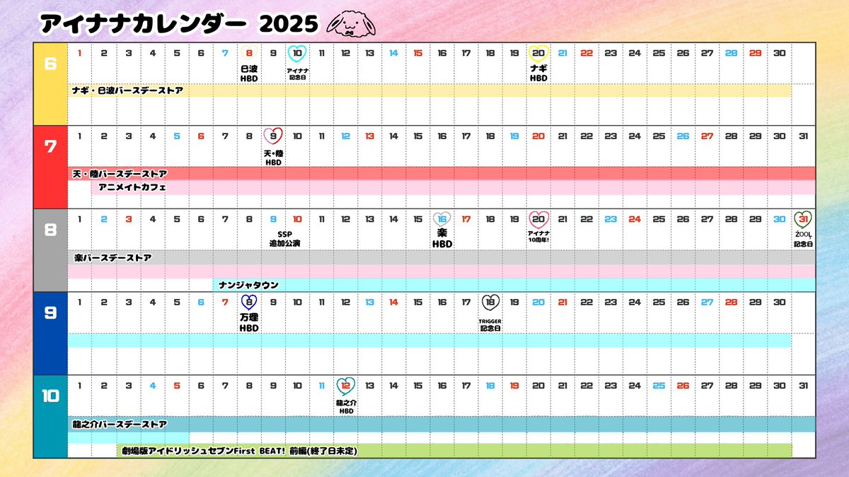 アイナナのイベント盛りだくさんだから
カレンダー作ってみたよ！
8月は楽しい大忙し🌈

情報足りなかったら教えて〜