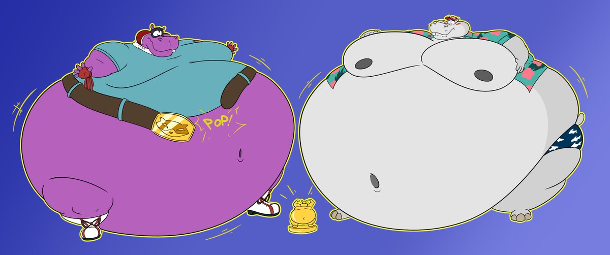 Comm for <a href="/HudsonDorkus/">Hungriest Hippo Alive</a> who wanted Him and Murray from Sly Cooper fattening from a cursed idol~