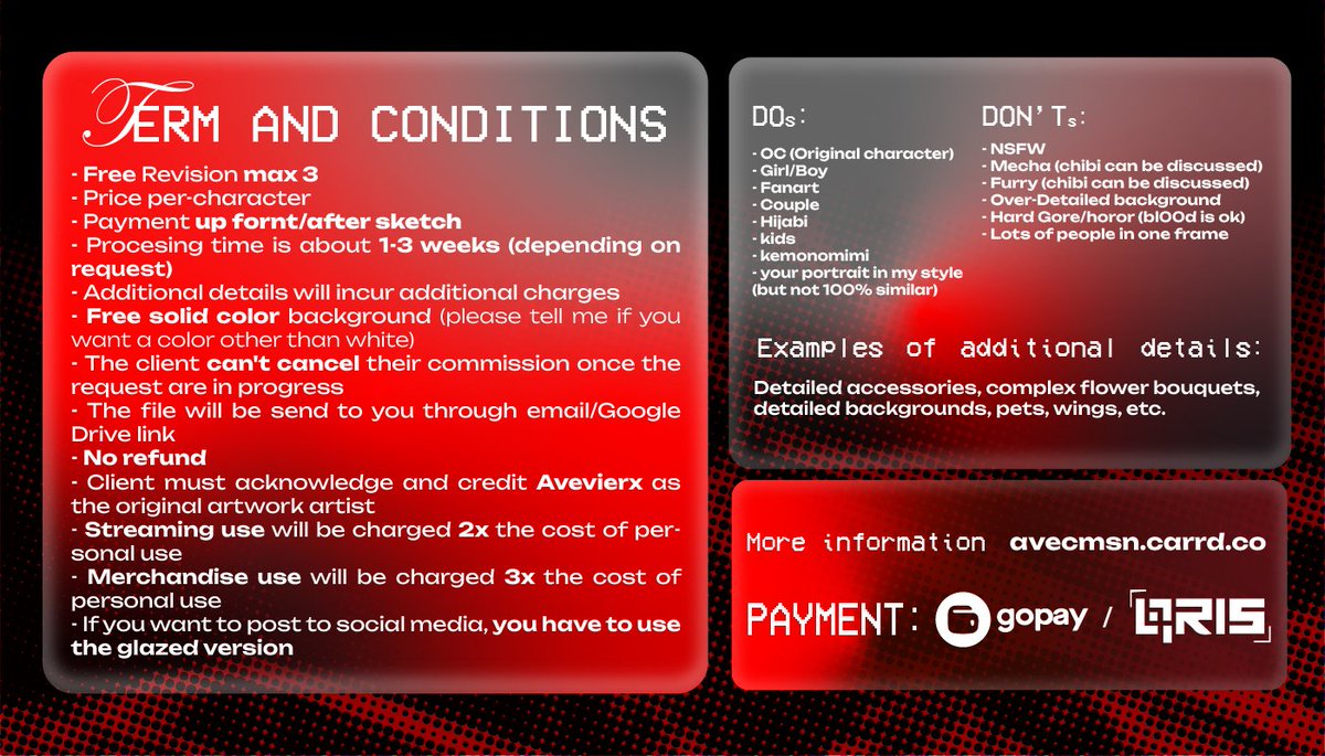 [RTs and like are very Appreciated 🙏]

Hallo semuanya! aku buka komis local only (lagi) karena BU banget buat kebutuhan hidup 😵
(Ada discount -20% utk 10 slot)

Feel free to DM me if you are interested/have any questions
#opencommissions #Zonajajan #Zonauang #artidn