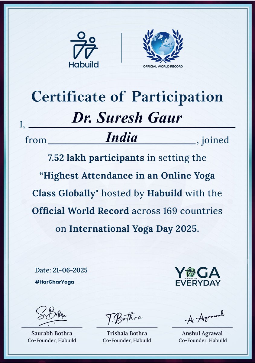 sureshgaur56's tweet image. Happy to be one of the participants in Online Yoga Class hosted by #Habuild creating an OFFICIAL WORLD RECORD across 169 countries on International Yoga Day 2025. 

#HarGharYoga 
#YogaDay 
#YogaDay2025  
#OfficialWorldRecord #InternationalYogaDay 
#InternationalYogaDay2025