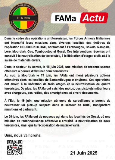 TembleyA's tweet photo. #FAMa 🇲🇱: élimination de terro, la libération des civils et la confiscation de divers équipements, dans diverses localités des théâtres de l'opération #DOUGOUKOLOKO, notamment à #Farabougou, #Sokolo, #Nampala, #Léré, #Mourdiah, #Gao, #Tombouctou. https://t.co/XnJXrBGmhl